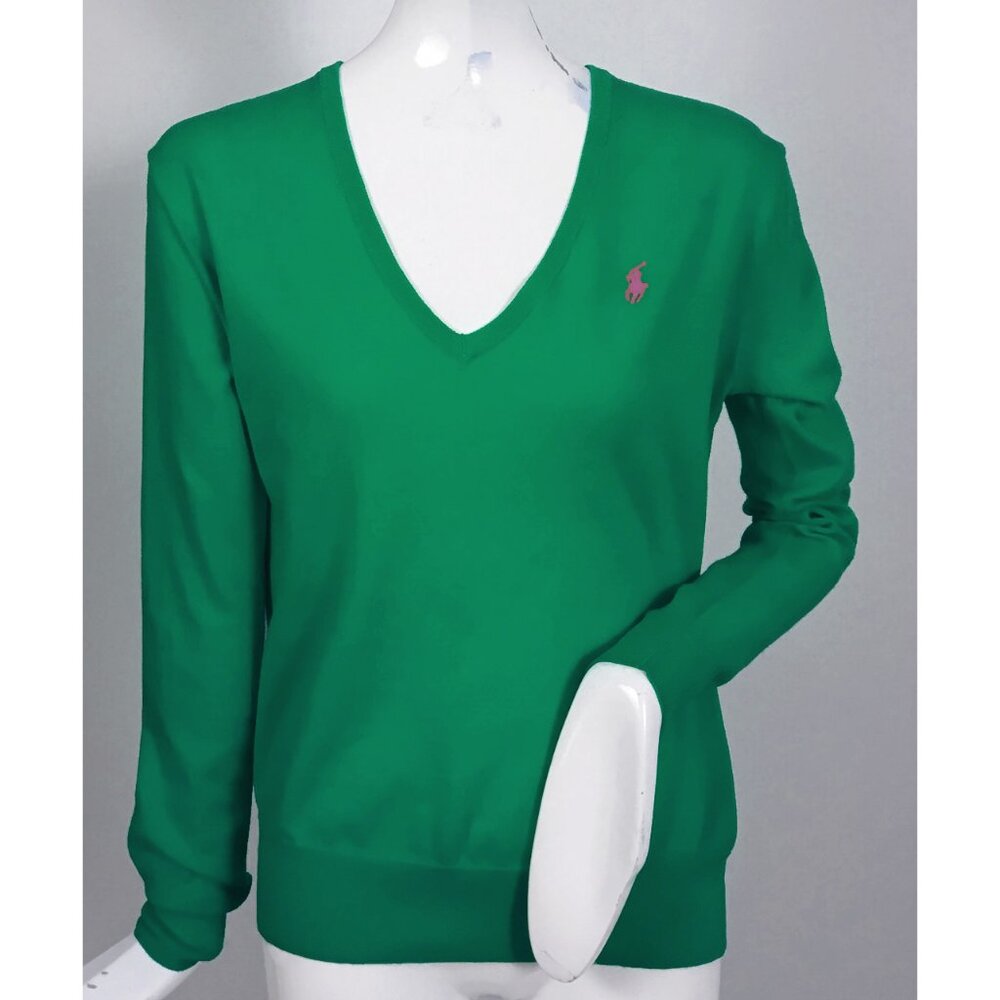NEW $165 Polo Ralph Lauren Sweater! S or M Green With Pink Polo Player V Neck